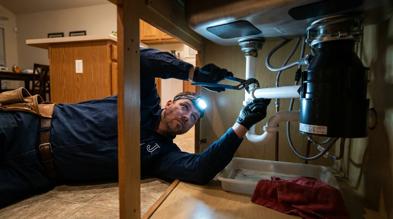 P-trap and supply line connections under a kitchen sink showing a common leak point in Troy, MO